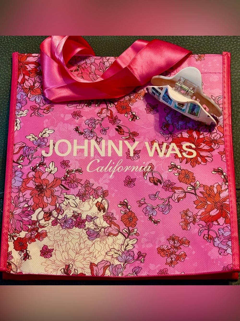 Johnny Was Bundle- Pink California Tote & Hair Claw Clip with Postage Stamps NEW
